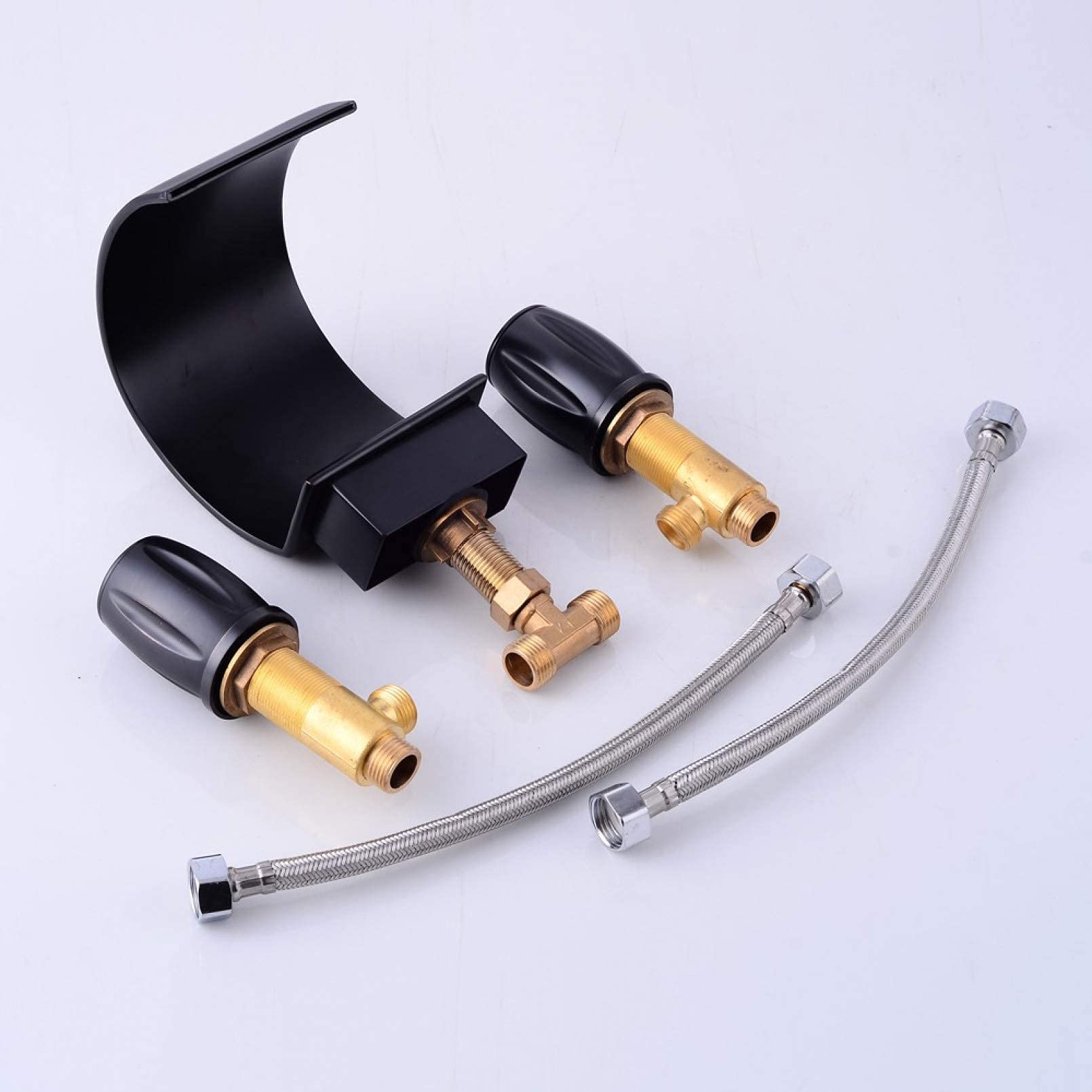 WIQUYBML Faucets Sink Tap,Bath Shower Chrome/Golden/Nickle/Orb Waterfall Faucet 3Pcs Bathroom Taps Dual Handle Basin Rotatable Mixer/Chrome Finished, Black Finished