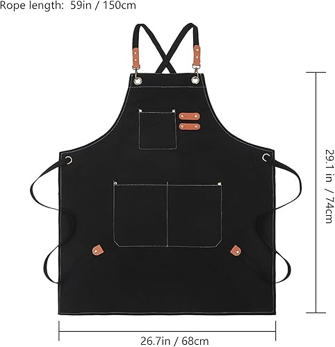 Miniatura 2 de Adjustable Canvas Apron with 3 Pockets for Men Women,Cross Back Work Apron,Durable Kitchen Apron for Cooking