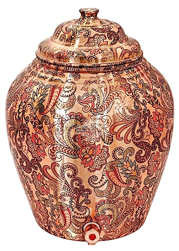 Image of Indian Art Villa Printed Design Copper Water Dispenser Pot Matka, Stoarage, Home Garden, 6 LTR, Light Peach