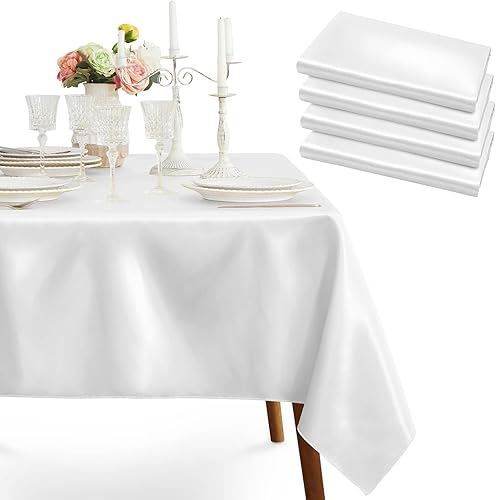 Paquete de 4 manteles de satén blanco, mantel rectangular de poliéster de 58 x 102 pulgadas, resistente a las arrugas, mantel de mesa de comedor,