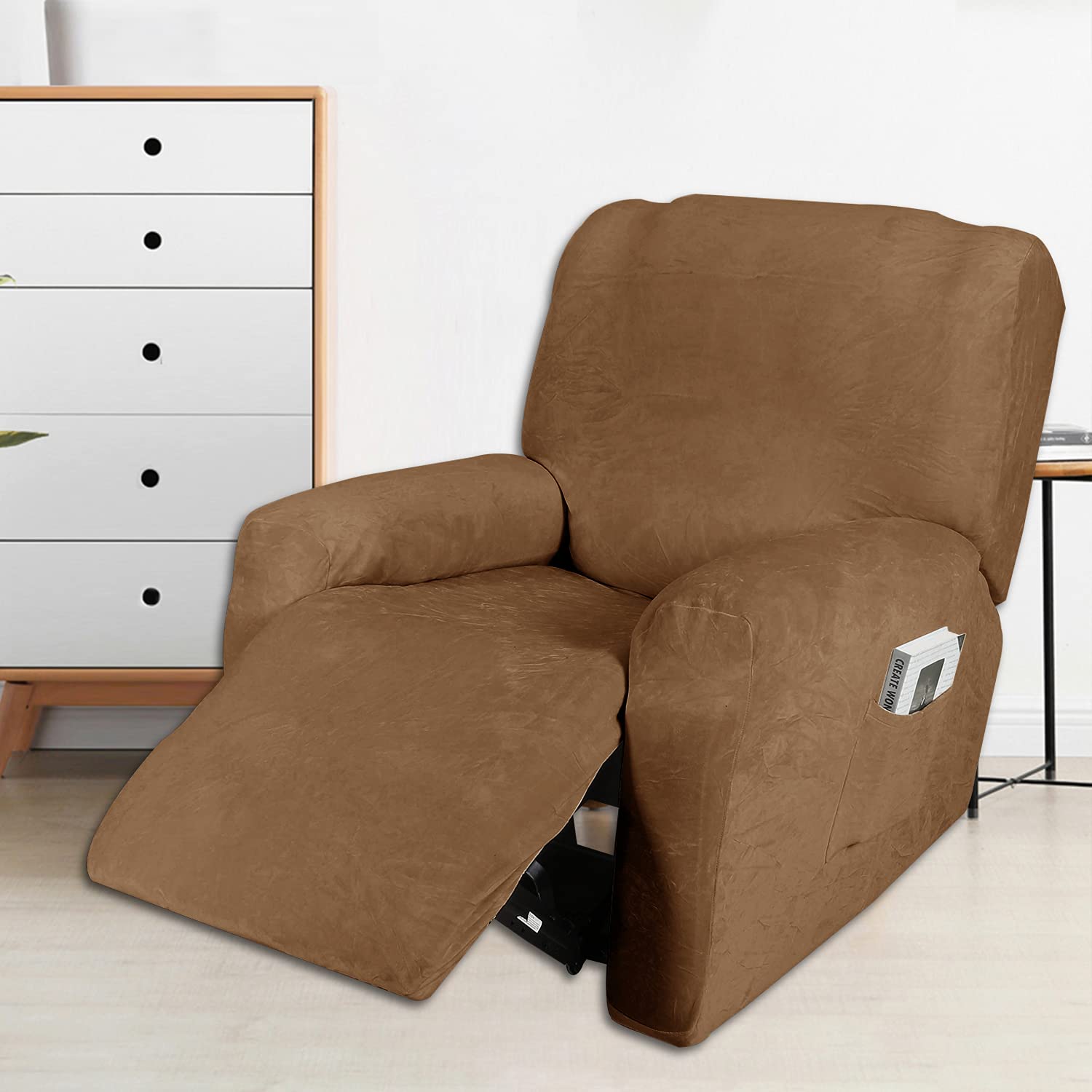 Recliner Sofa Chair Covers, Velvet Stretch Reclining Couch Covers for 1/2/3 Seat Sofa Slipcovers Furniture Covers Thick Soft Washable with Pocket for Reclining Sofa (Zhenpi, 1 Seater)