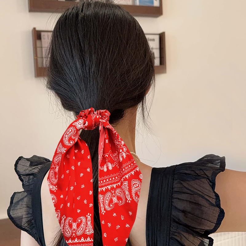 Red Bandana Hair Scrunchies for Women Black Paisley Print Hair Bow Ribbons for Ponytail Holders Hair Accessories for Girls Elastic Hair Ties with Ribbon Hair Scrunchy Bandanas Bowknot Hair Ropes 2PCS - Image 3