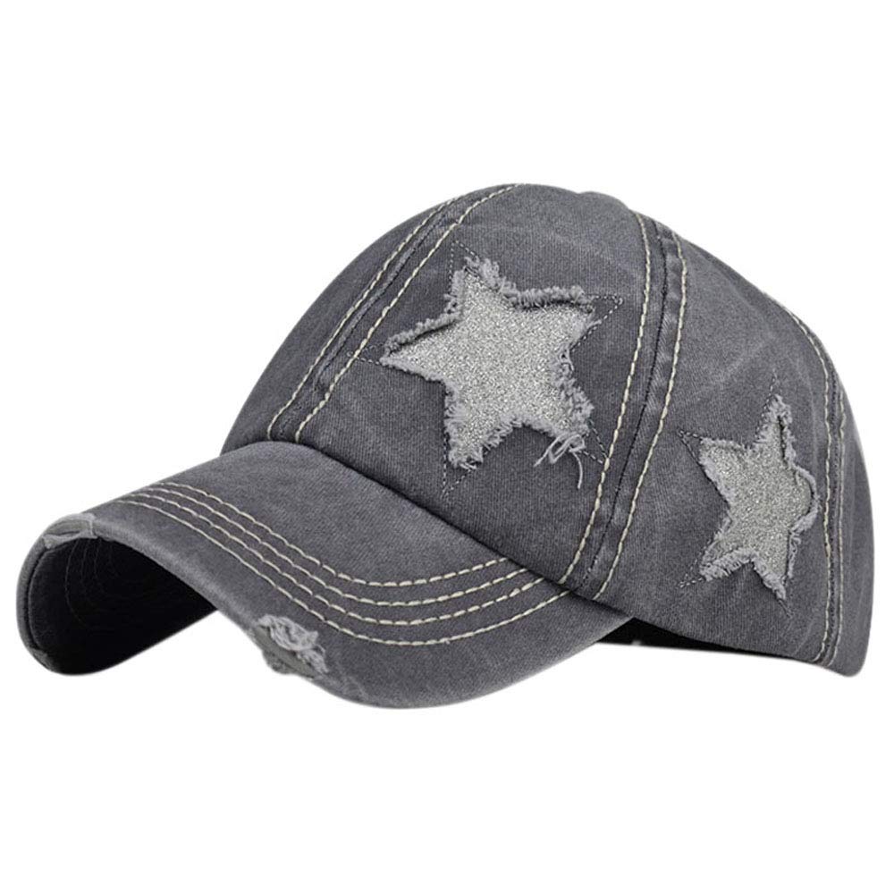Belsen Star Embroidery Ponytail Baseball Cap Washed Cotton Distressed Trucker Hat - grey - One size
