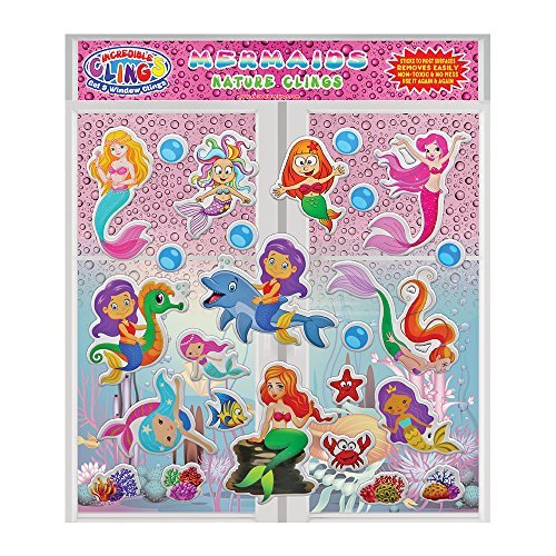 Mermaids (by Jesplay Gel and Window Clings) Reusable Puffy Sticker Glass Window Clings for Kids and Toddler - Mermaids, Fish, Dolphins, Bubbles, Shells Home, Airplane, Classroom, Nursery Decoration