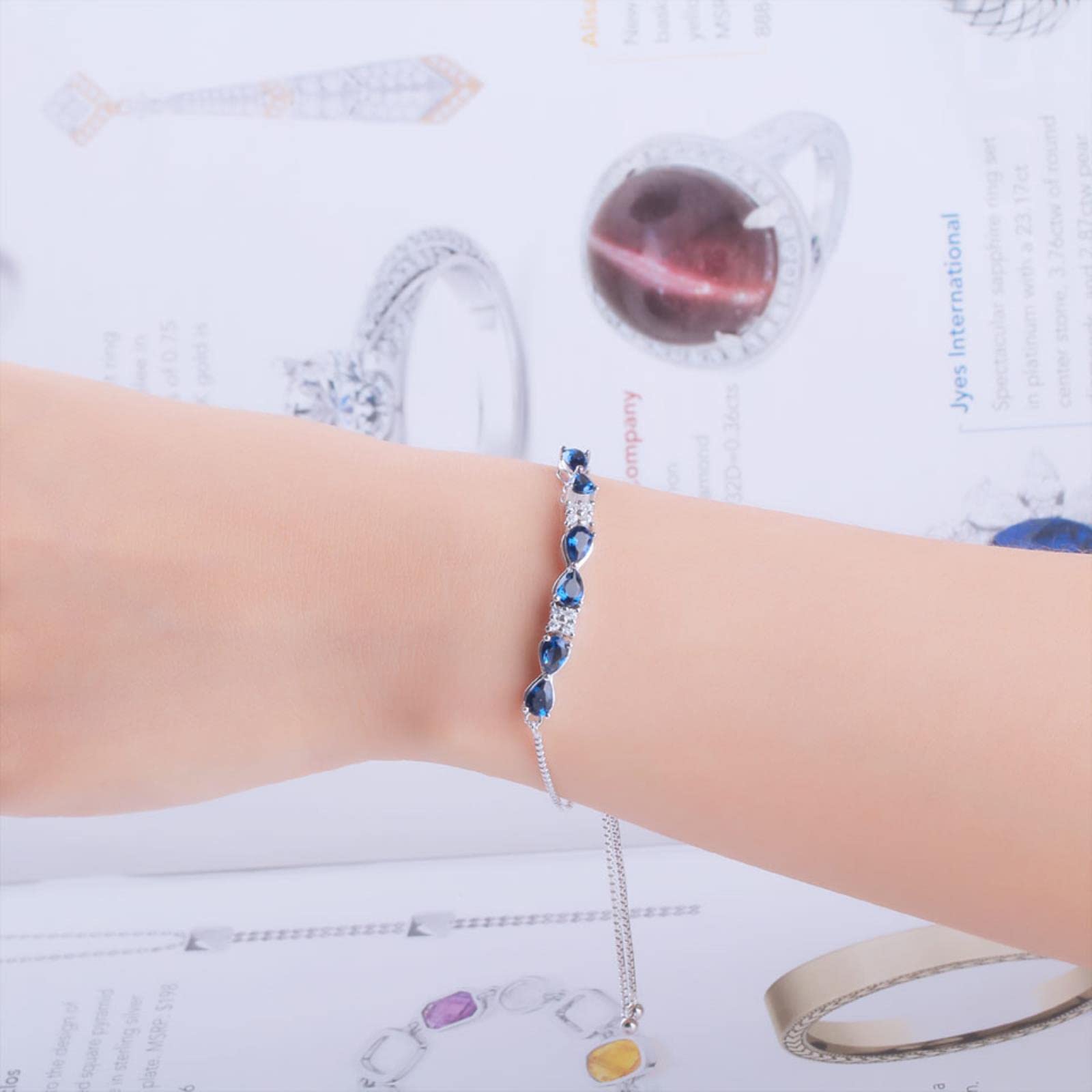 DAOMEI Pulseras De Plata De Ley 925 Auténtica Sólida, Pulseras De Zafiro Azul Creadas Con Triángulo De Expansión Gratuita Para Regalos De Mujer
