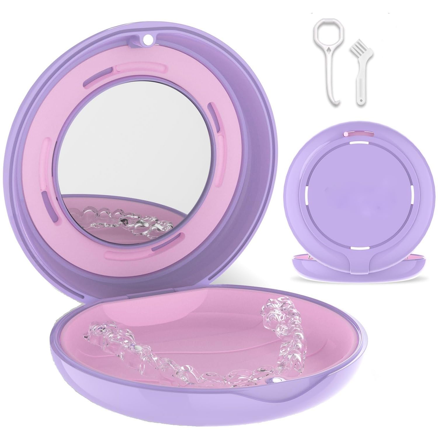 Retainer Case with Adjustable Vent & Mirror - Purple, Slim Design, Compatible with Invisalign. Night Mouth Guard Case. Includes Remover Tool & Brush.