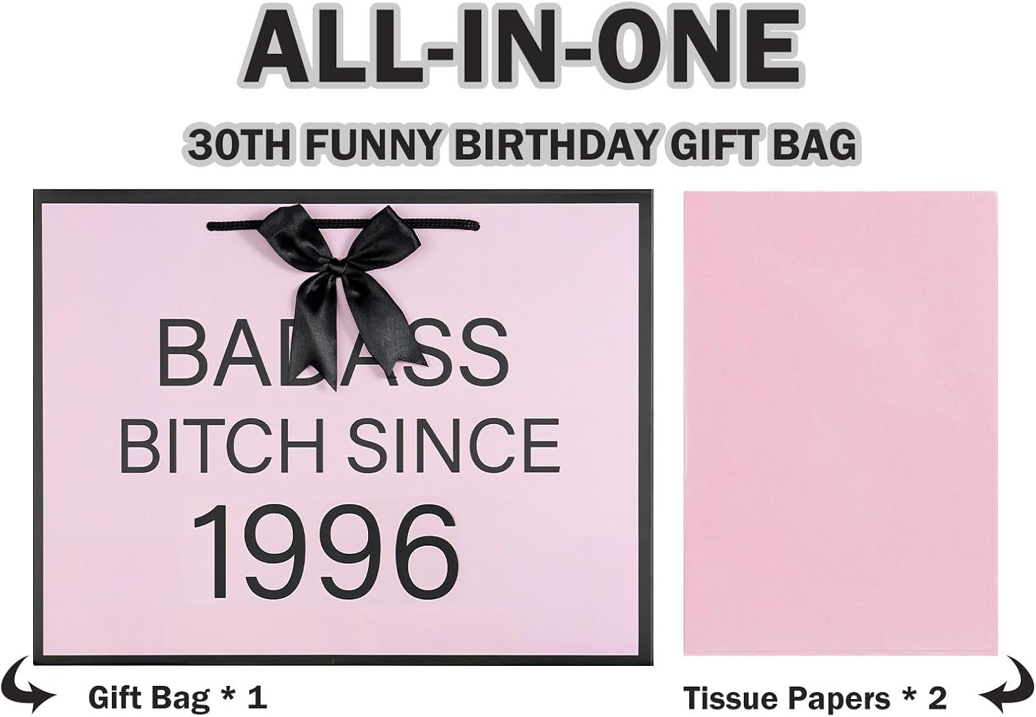 WRAPAHOLIC 13" Large 30th Funny Birthday Gift Bag with Tissue Paper - Badass Bitch Since 1996 and Bow Design Humor Paper Bags for Women Friends 30th Birthday Party image 3