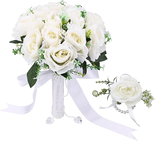 Gukasxi Bridal Bouquet Artificial Rose and Wrist Flower,Wedding Bouquets for Bride Bridesmaid Bouquet Wedding Romantic Bouquet Bride Artificial Flowers Valentine's Day Confession Party Church
