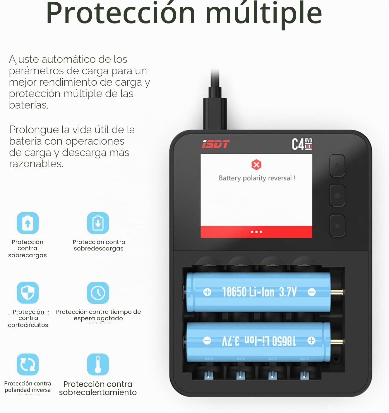 ISDT C4 EVO - Cargador de Pilas AA/AAA NiMH NI-CD Li-Ion, LiHv y LiFePO4 18650 18700 26650, para Pilas Recargables, para Carga y Descarga, Carga rápida + Tipo C, QC 3.0