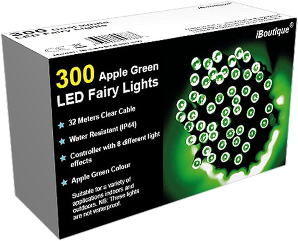 iBoutique 300 Extra Bright LED Fairy Lights for Christmas/Gardens, Apple Green (Clear Cable) [Energy Class A++]