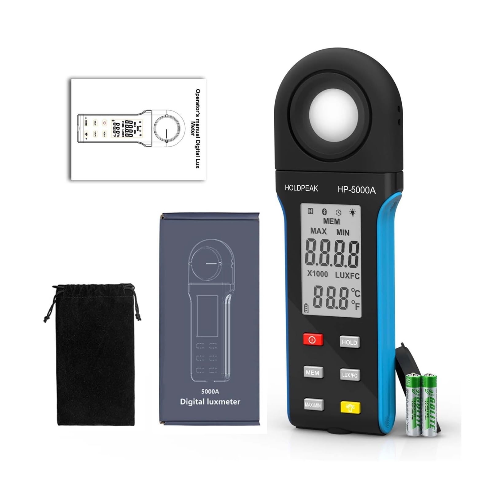 JVDDI Digital Light Tester 5000A High-Precision Digital Lux Meter, 1 To 400,000 Wide Ran, Lux/Fc Unit Switch, MAX/MIN Recording, Built-in Display