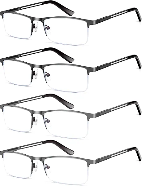 HIGHLIKE Blue Light Reading Glasses for Men, Metal Half Frame Readers Spring Hinge Clear Lens Eyeglasses with Pouches
