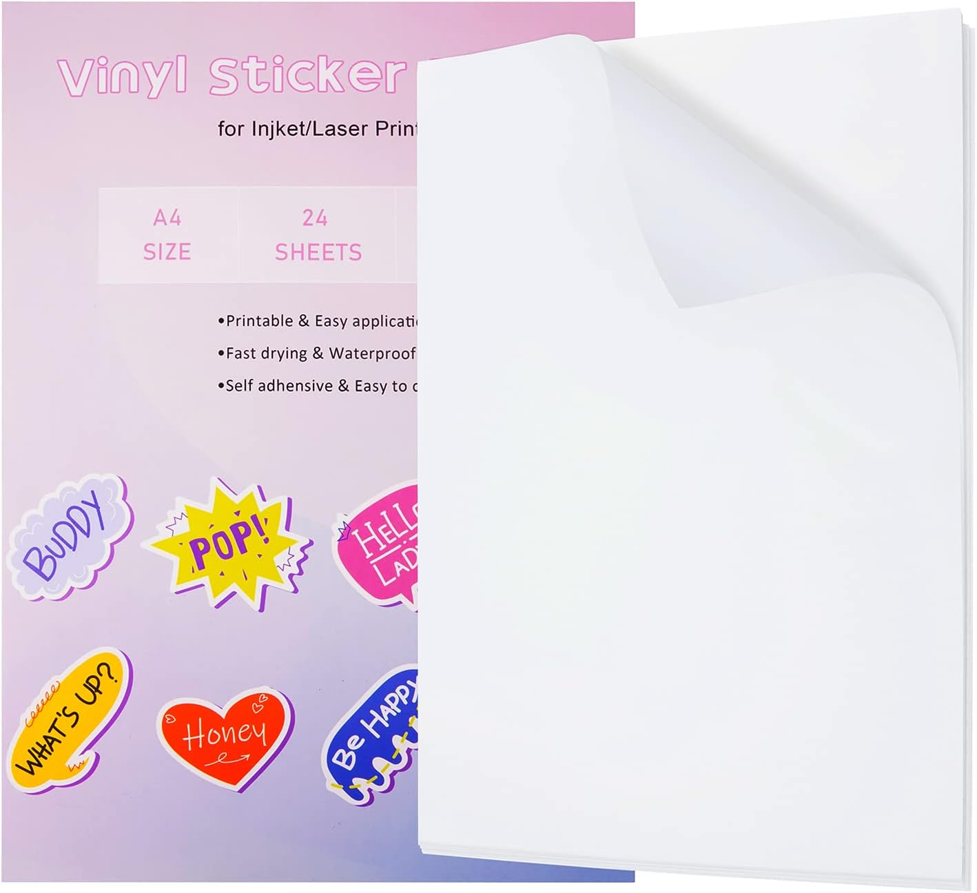 24 Sheets Vinyl Printable Sticker Paper A4 Size (8.25" x 11.7") Glossy White Holographic Sticker Paper Self-Adhesive Waterproof Dries Quickly for Inkjet/Laser Printer