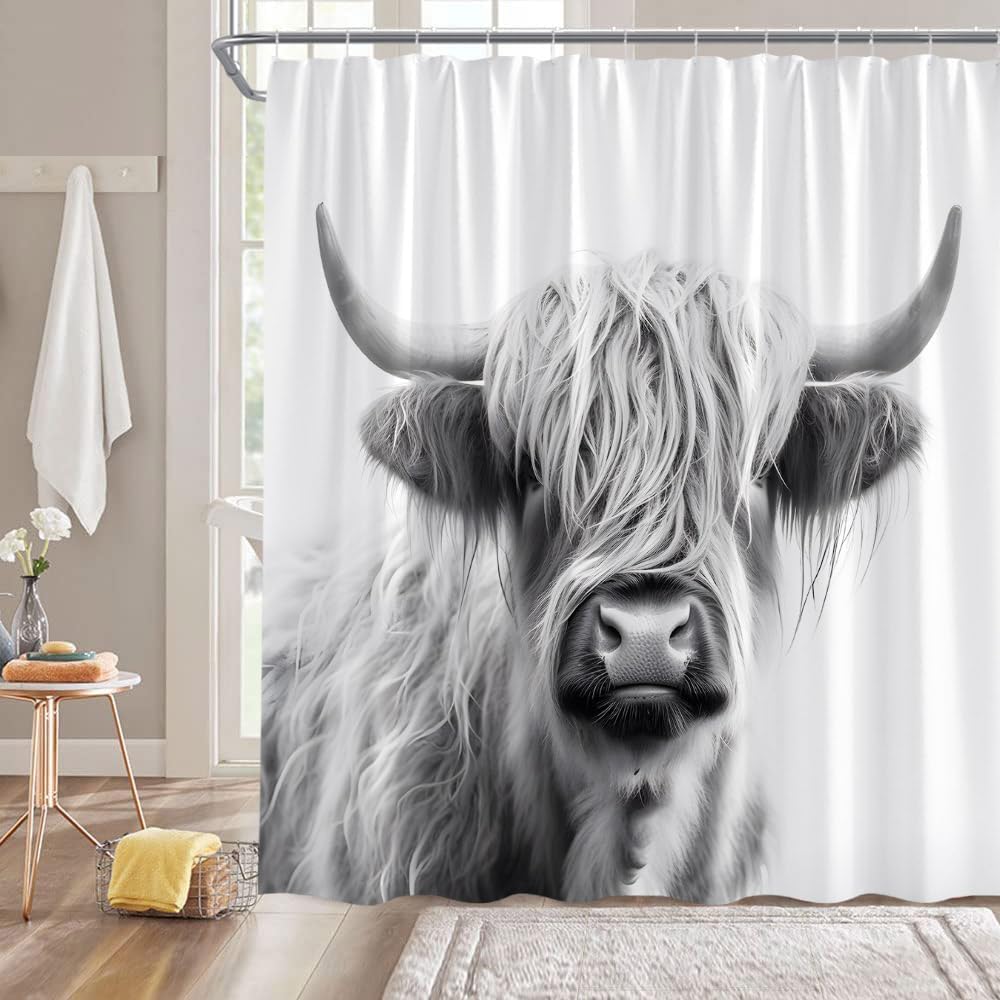 Highland Cow Shower Curtain Rustic Western Farmhouse Animal Longhorn Bull Vintage Farm Wildlife Portrait of Highland Cow Bathroom Decor Fabric Curtain with Hooks
