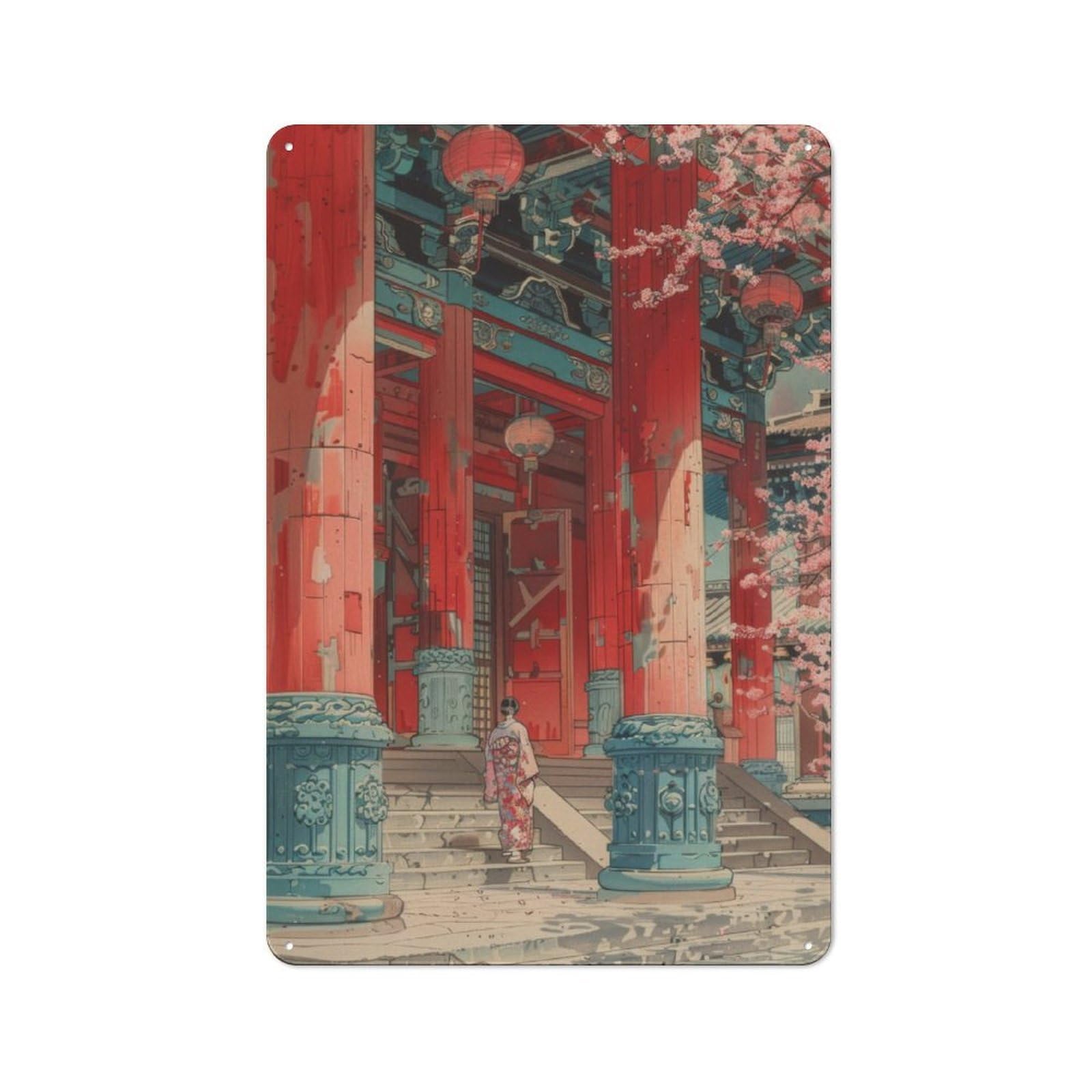 Junmoney Geisha Temple Sakura Metal Plaque 30X20cm With For Garage Wall, Retro Decor, For Themed Interiors In Garages And Workshops