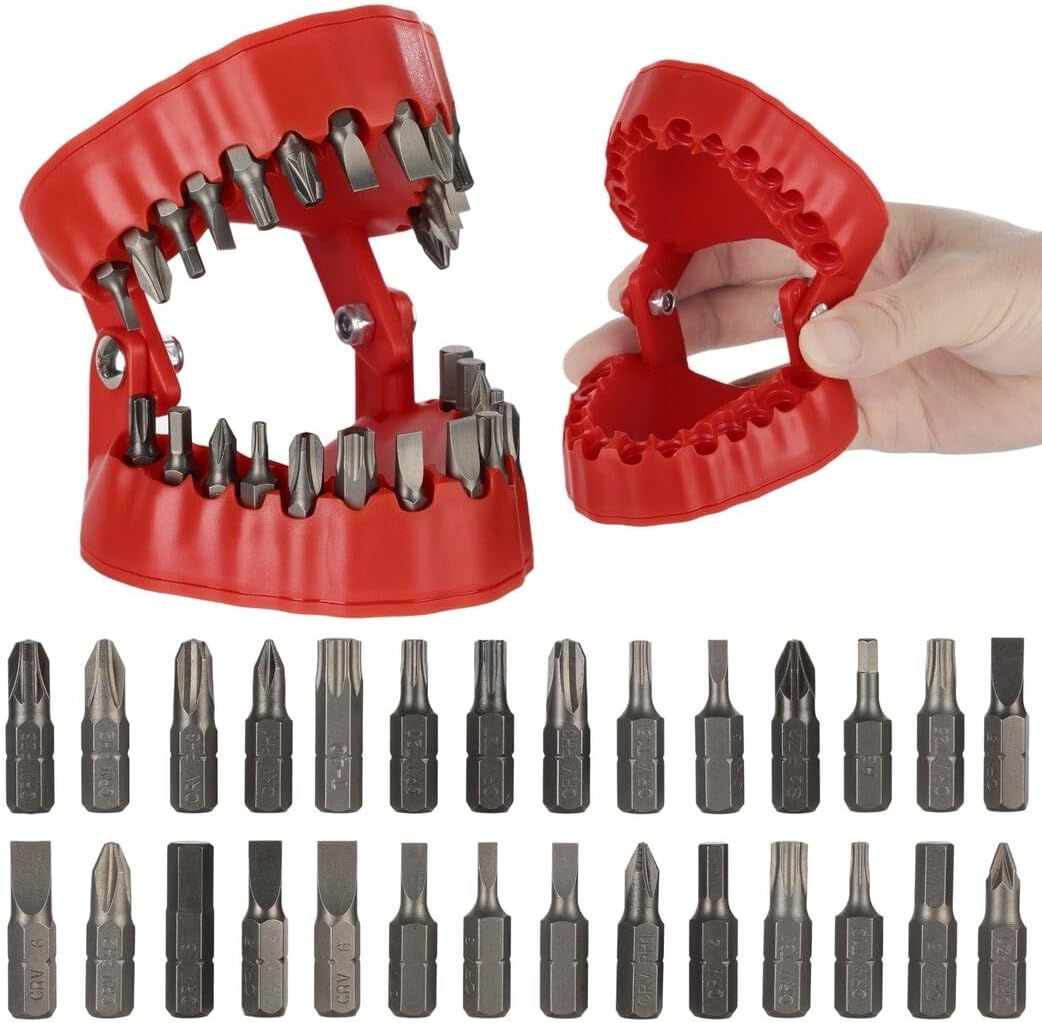 Homaisson Denture Drill Bit Holder with 28 Bits, Teeth-Shaped Bit Storage Box, Magnetic Quick Change Drill Bit Organizer, Portable 1/4" Bit Storage Rack