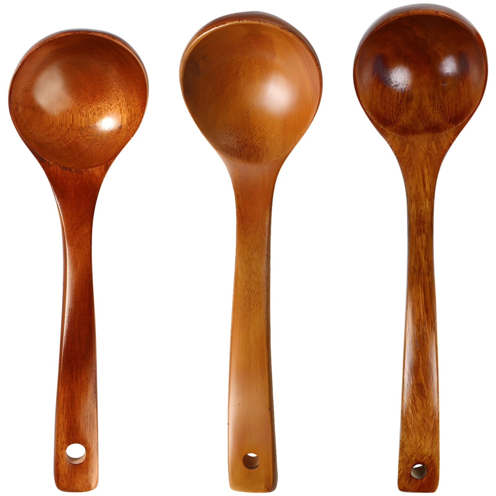 3 Stk. Holz-Suppenlöffel, Kochutensilien-Set, Holzschöpfkellen für antihaftbeschichtetes Kochgeschirr, tiefer Schöpflöffel für die Küche, ergonomische Form zum Rühren und Servieren