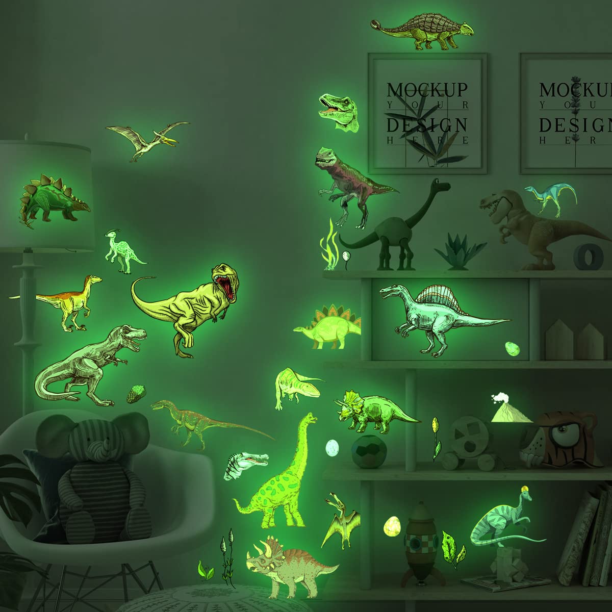 Jumrhfan Men's Green Dinosaur Luminous Sticker,Glow In The Dark Wall Decal,Baby Room Dinosaur Wall Decor, Dinosaurs Decal,Animal Luminous Stickers For Boys Kids Girls Children’s Room Bedroom Nursery Decor