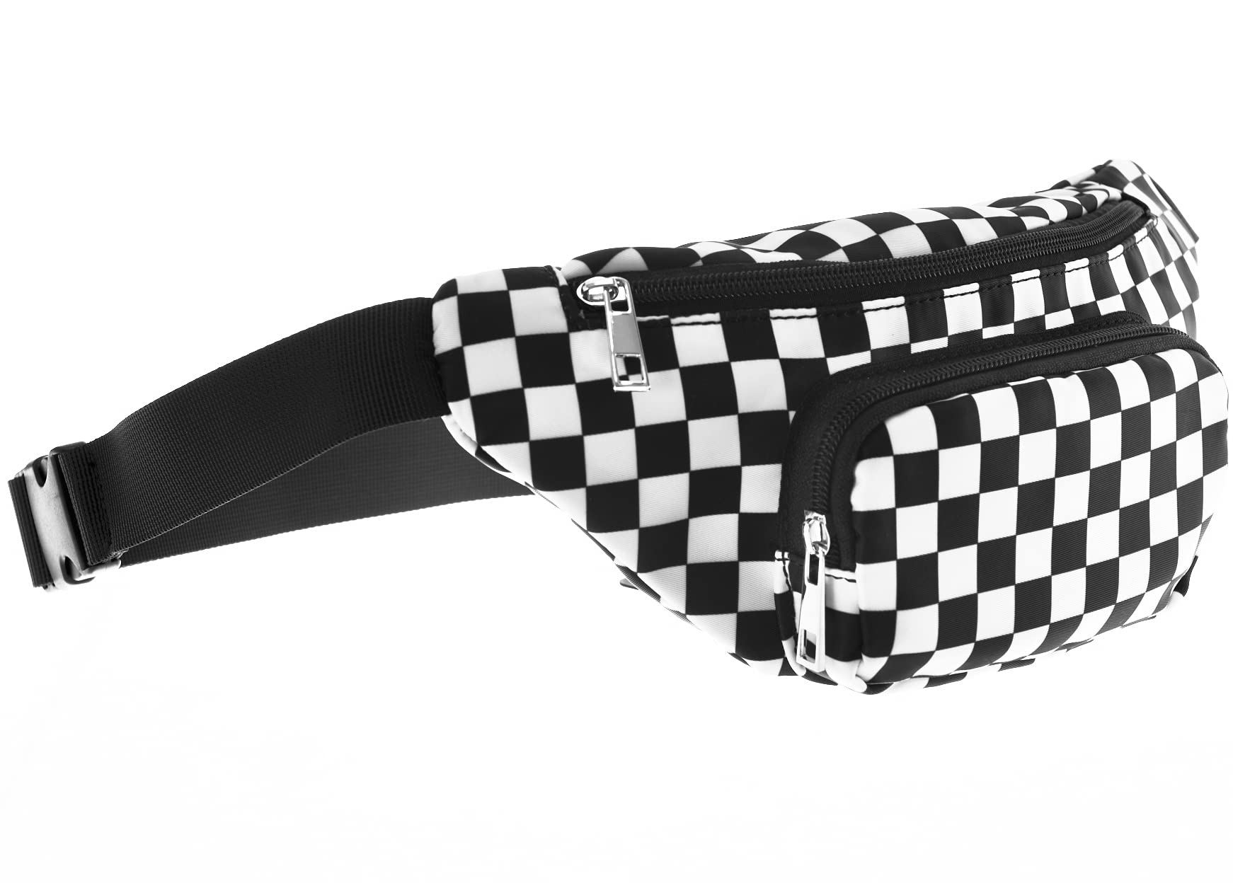 Three Pockets Neon Retro Fanny Pack in Black and White Checkered