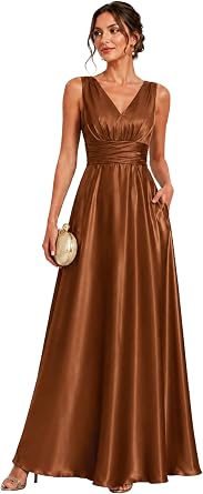 Ever-Pretty Womens Summer Satin V Neck Formal Wedding Guest Dress Floor Length Empire Waist Bridesmaid Dresses with Pockets