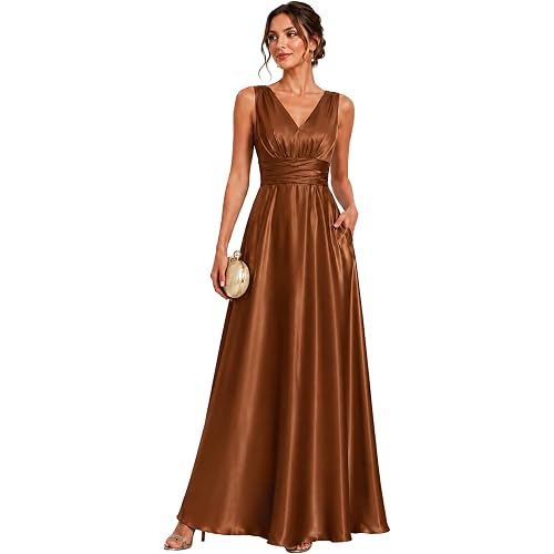 Ever-Pretty Women's Summer V Neck Maxi Satin Formal Wedding Guest Dress | Sleeveless, Empire Waist,Pleated, With Pocket, Bridesmaid Dress, Mother of Bride Dresses