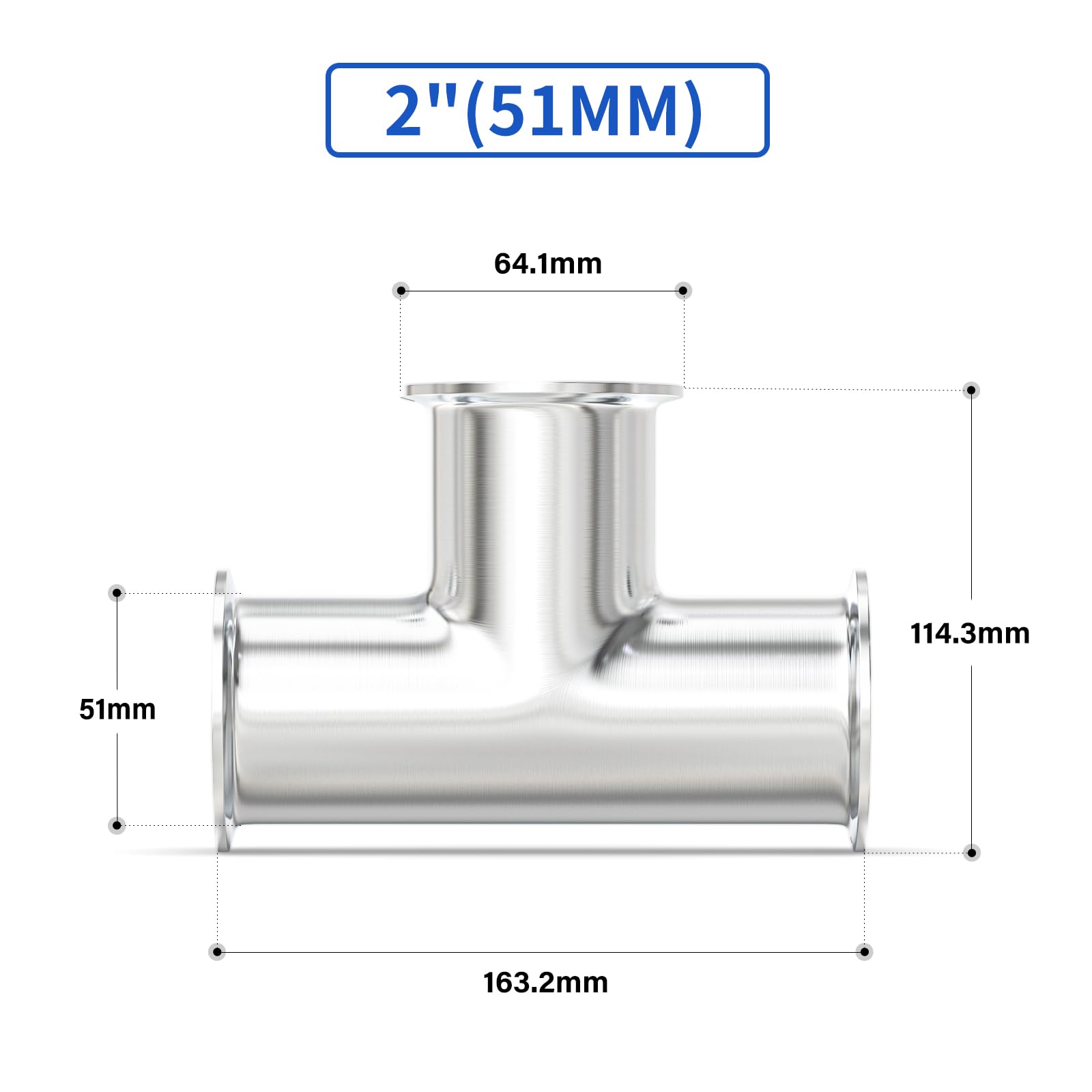 1 pièce Clamp Tee 3 voies 2" (51 MM) OD Raccords sanitaires en acier inoxydable 304 Compatible avec Tri Clamp 2" Bride à ferrule 64 MM avec joints en silicone