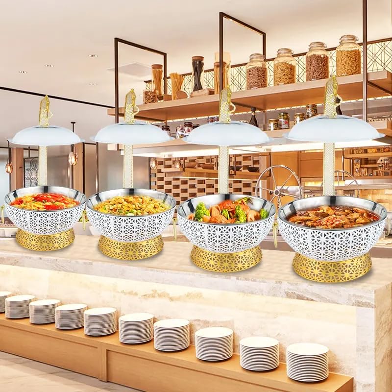 4 Pack White 8QT Chafing Dishes for Buffet, High Grade Chafing Dish Buffet Set, Chafers and Buffet Warmers Sets for Any Party, Rolled-Edge Design, Gold and White