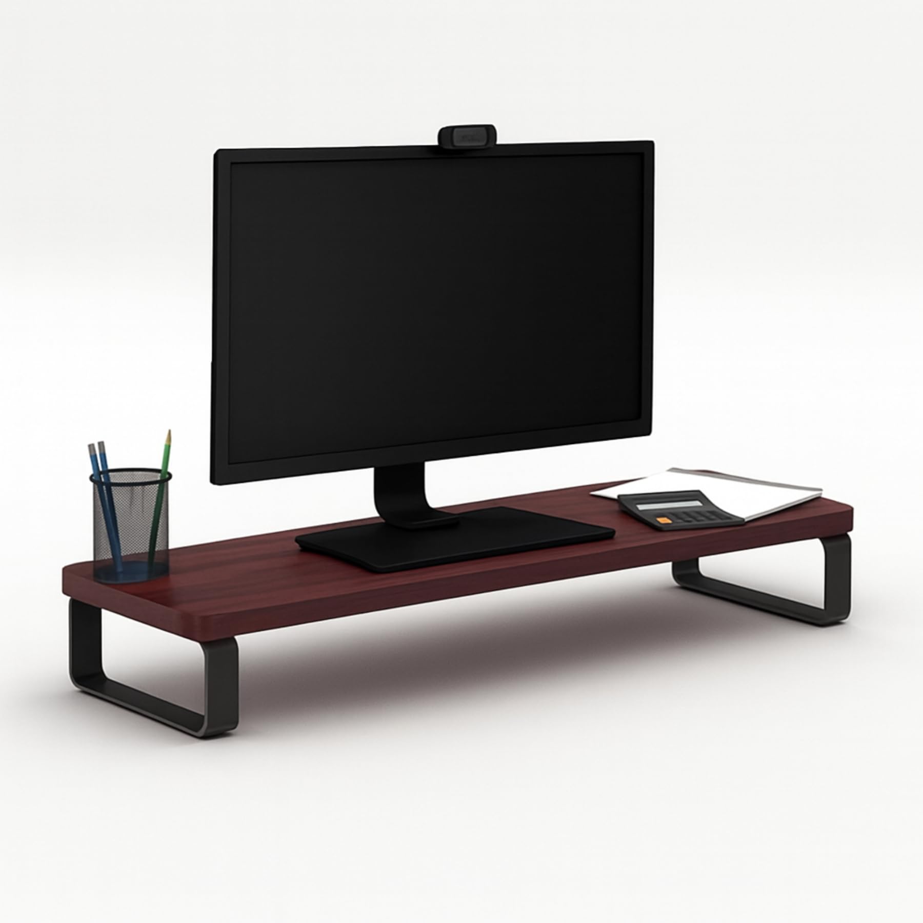 R2H Gallery Wooden Computer Monitor Stand Riser | Desktop Organizer for Monitor, Laptop & TV | Ergonomic Height | Space Saving Desk Shelf (Mahogany Finish, Metal Legs)