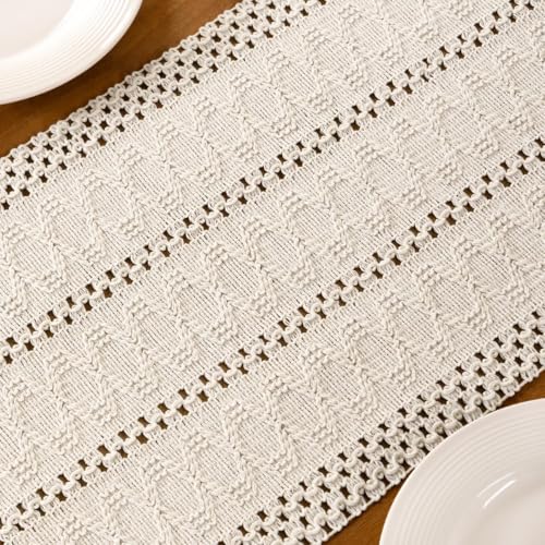 Image of MLMC Ivory Boho Table Runner Farmhouse Macrame Woven Table Runner 90 inch Long Rustic Cotton Linen Blend Table Decor for Dinning Kitchen Wedding Bridal Shower Eveyrday Use 12x90 Inch