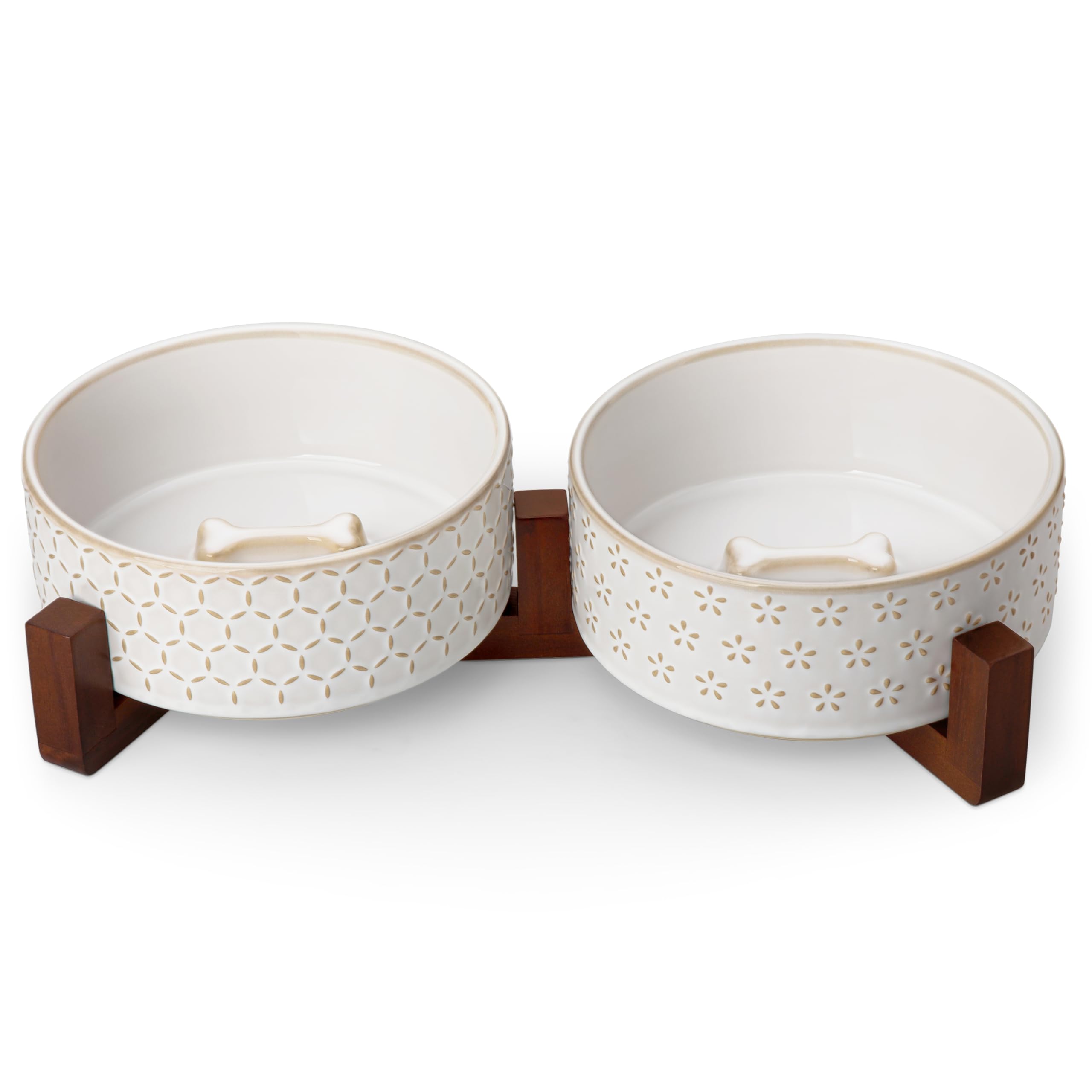 MALACASA Dog Bowl Set with Walnut Wood Stand, 3.5 Cups Ceramic Pet Bowls for Puppy Dogs, Dual Food and Water Bowls with Non-Slip Base, Basic Bowls for