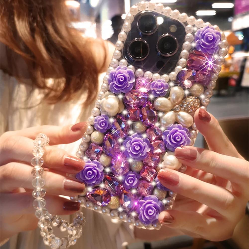 Custodia per telefono con fiore di perle di diamanti adatta per iPhone 15 14 Pro Max 13 12 11 X XR XS 8 Custodia con braccialetto trasparente a forma di fiore, viola, per iPhone 12Pro Max