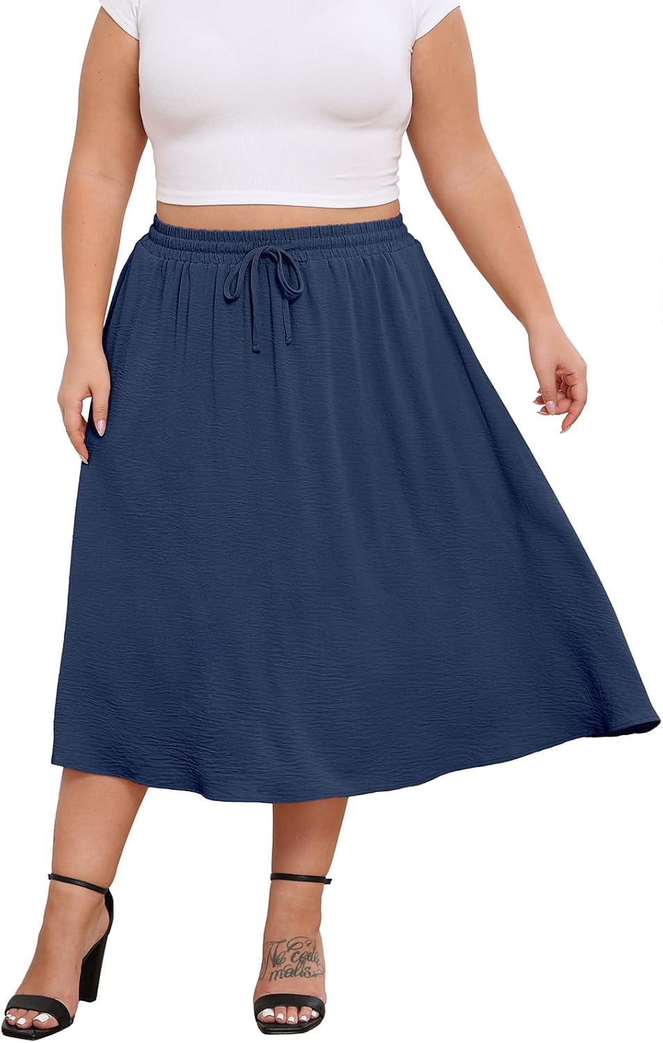 Lastshe Women's Plus Size Midi Skirts Elastic High Waisted Casual Loose Boho A-Line Flowy Skirt with Pockets - Image 3