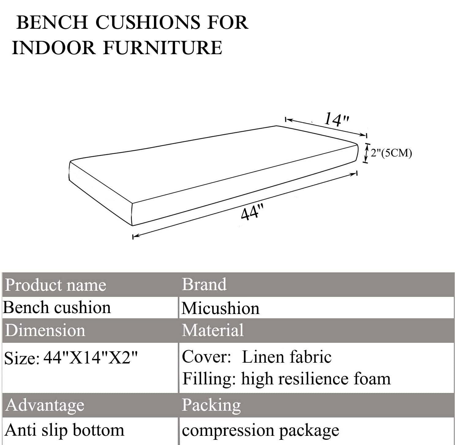 MICUSHION Piano Bench Cushion 44x14 Inch for Indoor Shoe Storage with Ties Non Slip Picnic Bench Pad for Kitchen Dining Table Seat, Light Brown