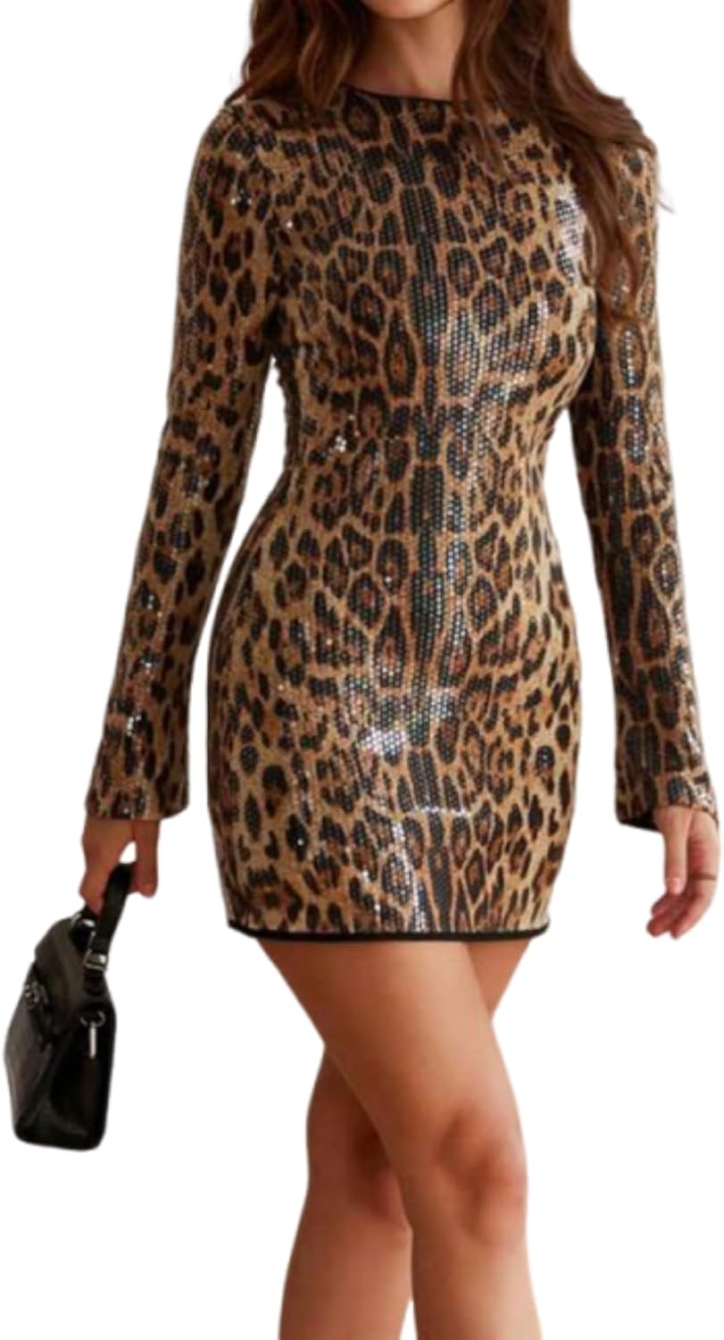 Women Fashion Sequin Glitter Long Sleeve Wrap Mini Dress Sparkly Sexy Formal Club Night Outfits