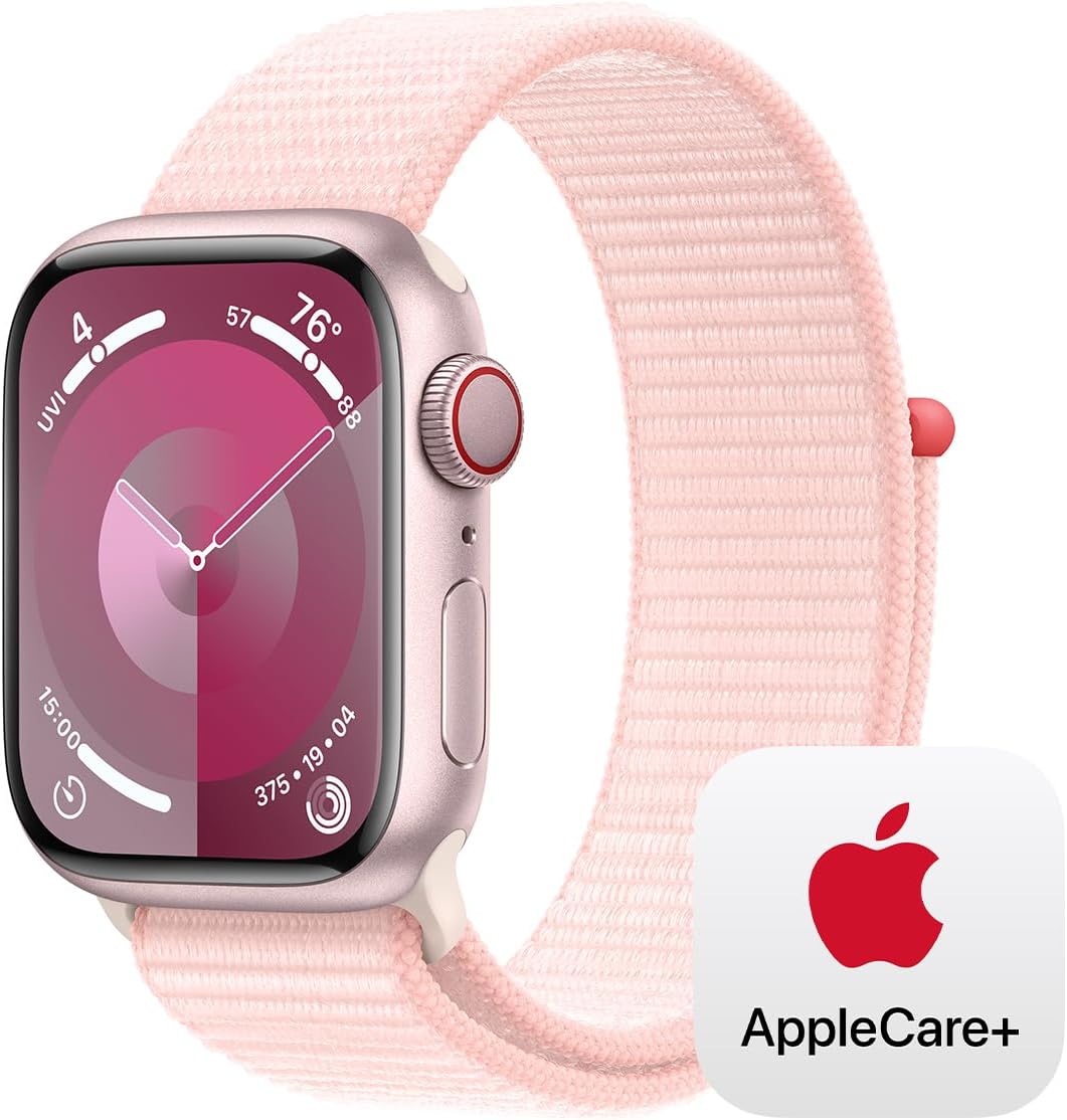Apple Watch Series 9 [GPS + Cellular 41mm] Smartwatch with Pink Aluminum Case with Pink Sport Loop with AppleCare+ (2 Years)