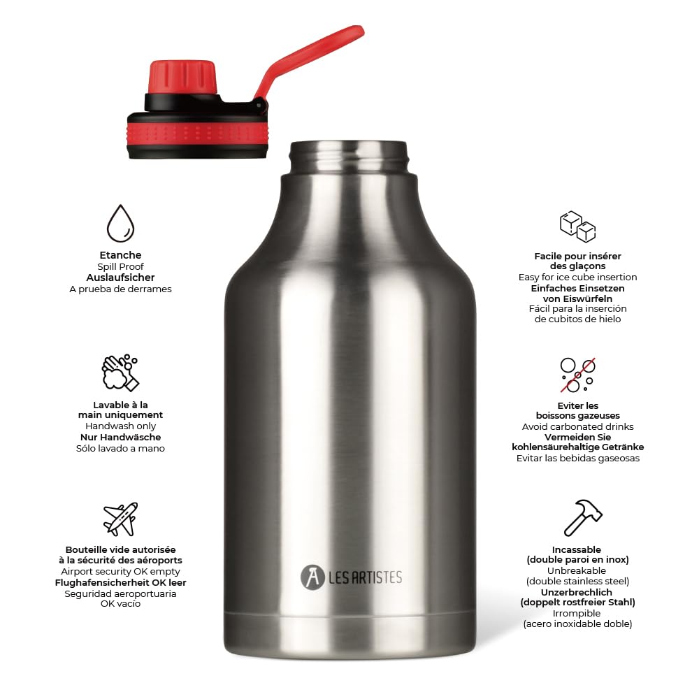 LES ARTISTES Paris A-2343 Bottle'Up 2.0, 2 litres, Gourde isotherme sans BPA, Réutilisable, Garde au chaud 12h et au froid 24h, Acier Inoxydable, Design Stainless Steel