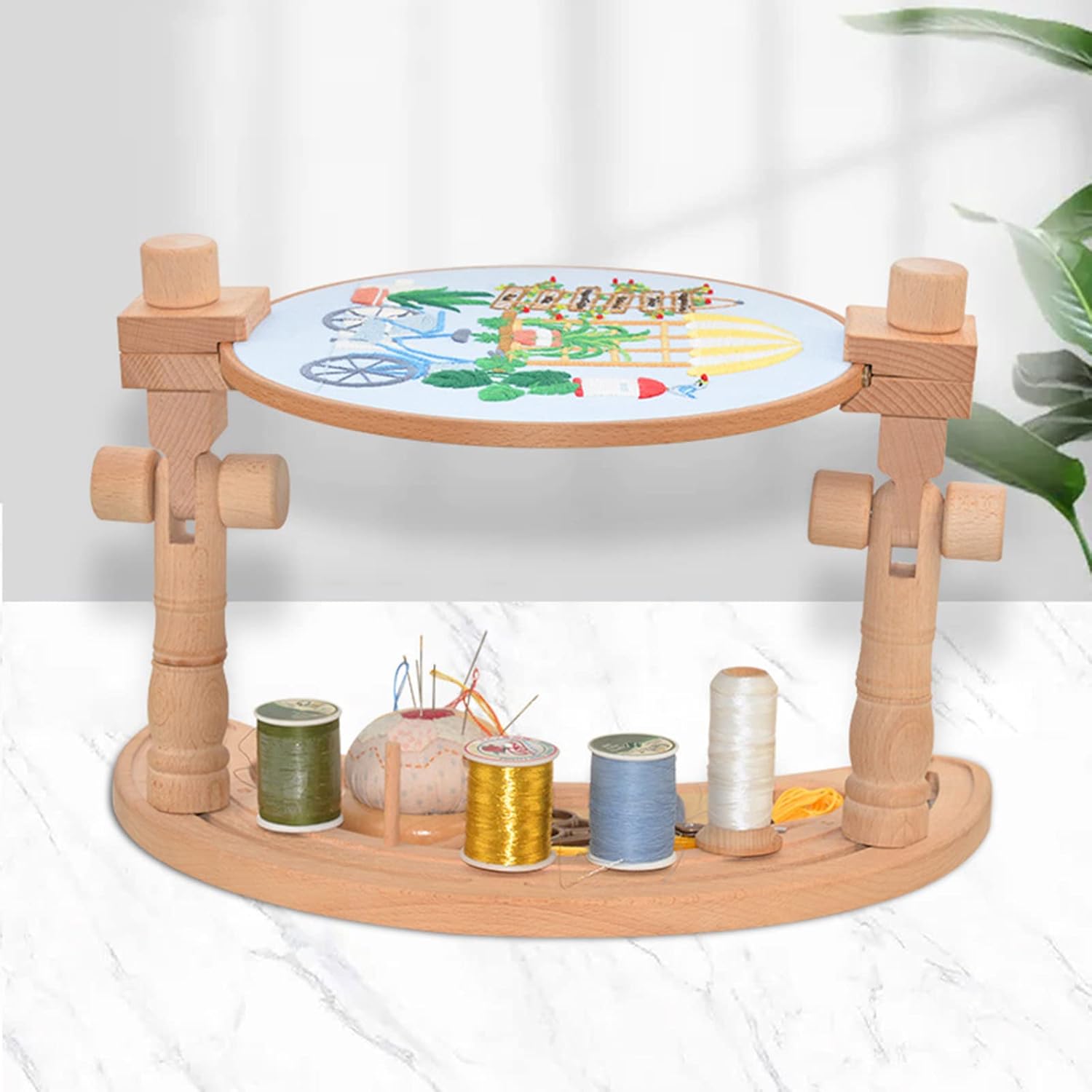 Soporte para Bastidor de Bordado Ajustable, Porta Bastidor Soporte de Bordado de Madera Giratorio de 360°, Soporte de Punto de Cruz Soporte Bastidor con Aros de Bordar, Marco de Bordado 8''