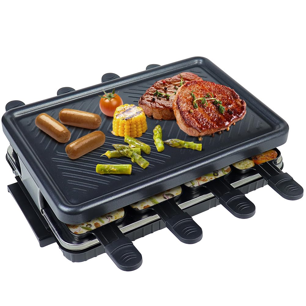 Máquina de parrilla interior para 8 personas 8 mini sartenes antiadherentes para raclette platos de queso cocina fiesta cocina cocina salud parrilla eléctrica sin humo 1 sartén para bistec 4 espátula