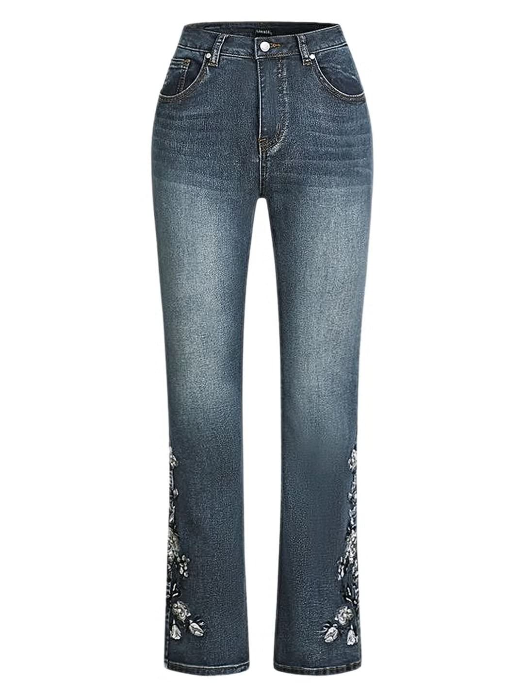 Women's Floral Embroidery Mid Waist High Stretch Bootcut Jeans with Pockets