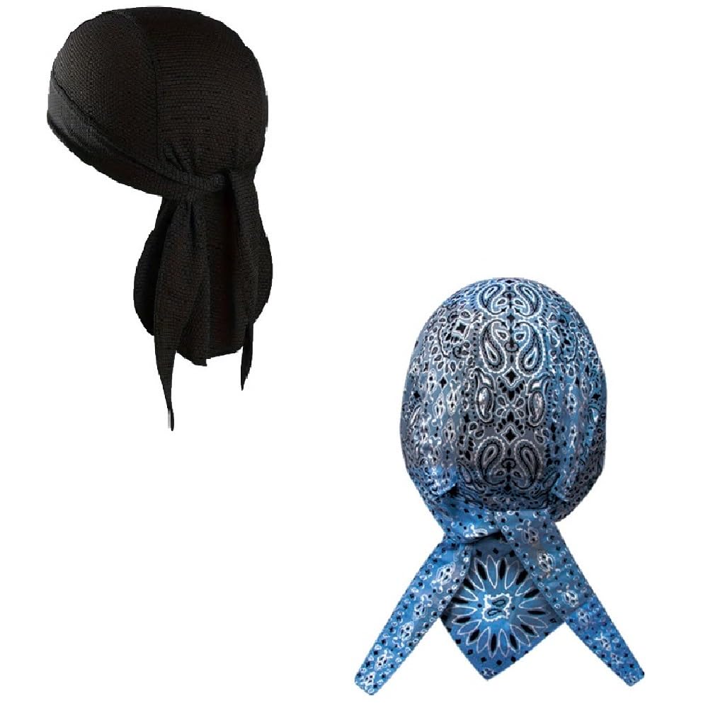 Headwrap Durag Doo Rag Skull Cap Lot or Set of 2 Classic Blue Paisley with Sweatband Cotton and