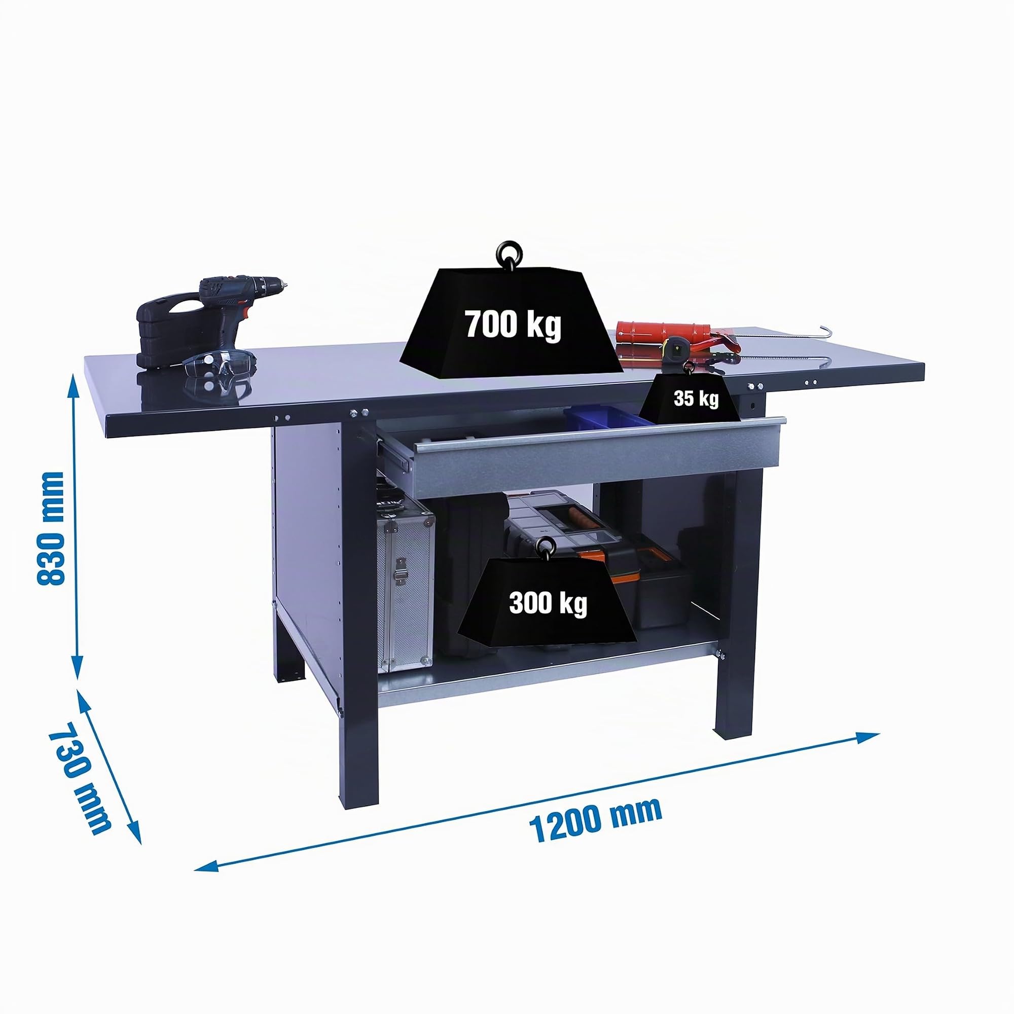 SimonRack Banco de Trabajo Taller, Capacidad Carga 700 kg, 830x1200x730 mm, Mesa de Trabajo, 1 Cajón, Antracita - BT6 PRO | Capacidad Carga 700 kg, Pintura anticorrosión, Uso Industrial, Antracita