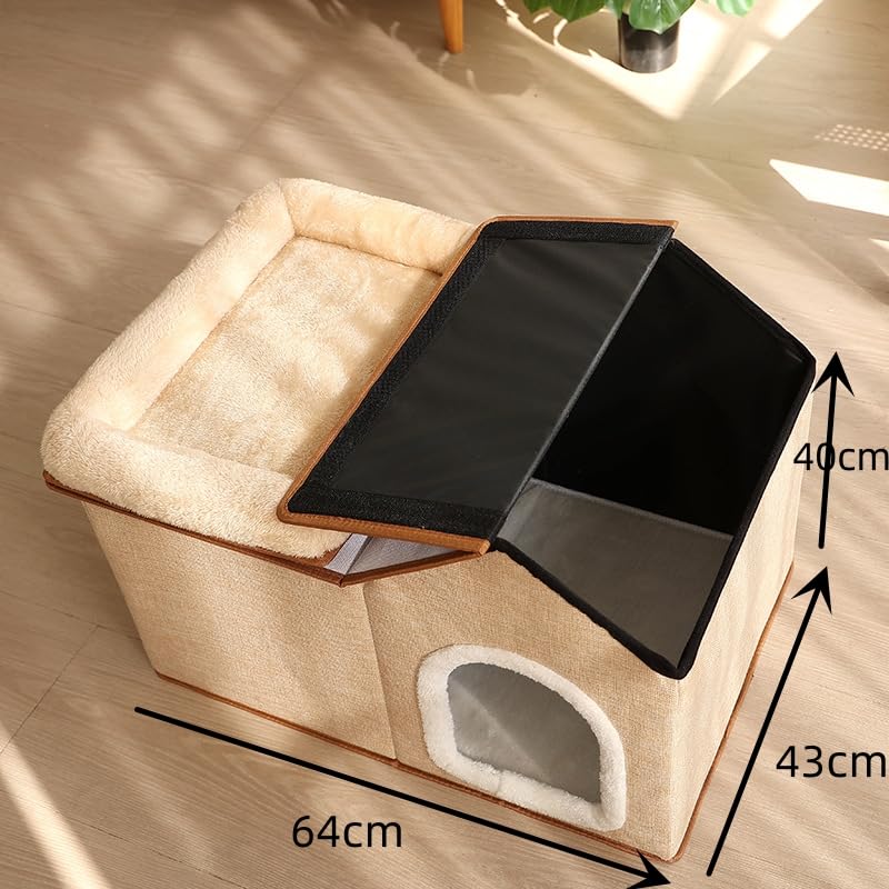 بيت قطط مع سرير، شقة داخلية كبيرة، سرير للحيوانات الاليفة 2 في 1 للقطط الداخلية، سرير قطط قابل للطي للقطط المتعددة، منزل قطط مغطى، رمادي