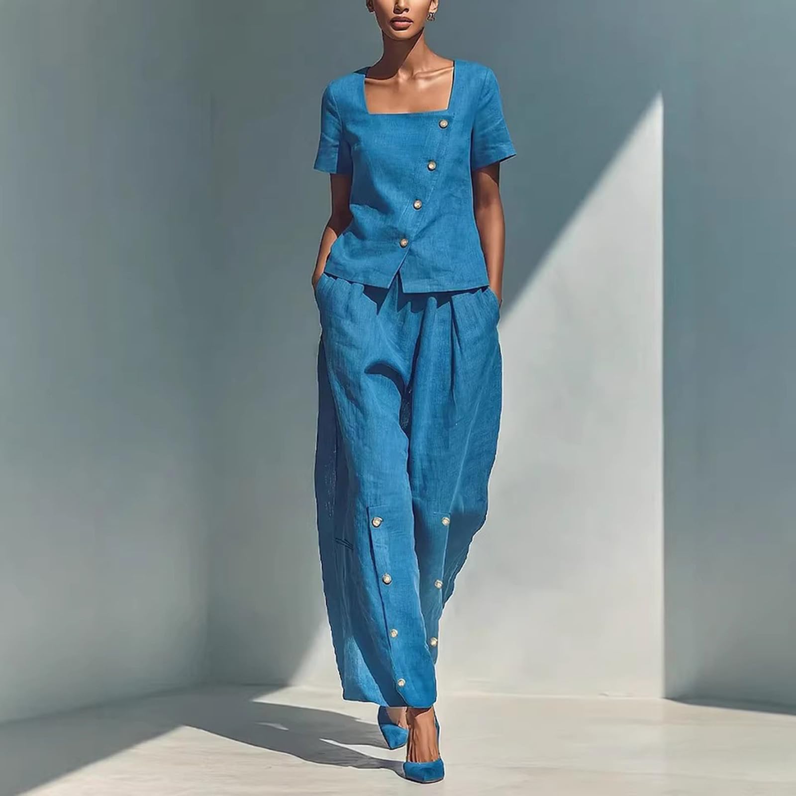 hausanzug damen Lässiges und modisches Damen Set aus kurzem Ärmel, weitem Bein, eckigem Ausschnitt, schräger Vorderseite, seitlicher Knopfleiste und eckiger Hose mit eckigem hosenanzug (Blue, XL)