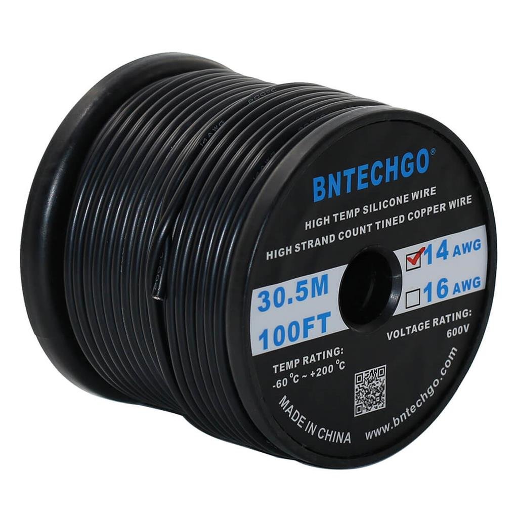 14 Gauge Silicone Wire Spool Black 100 feet Ultra Flexible High Temp 200 deg C 600V 14AWG Silicone Rubber Wire 400 Strands of Tinned Copper Wire Stranded Wire for Model Battery Low Impedance