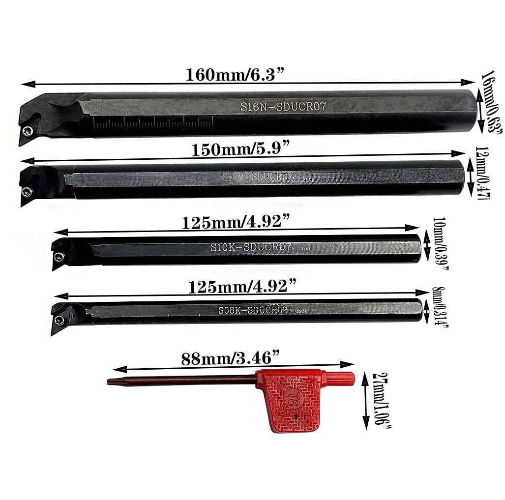 GBJ DCMT2(1.5)1 DCMT070204 + 4pcs S08K/S10K/S12M/S16N- SDUCR07 95° Internal Turning Boring Bars Carbide Turning Inserts with 10pcs Screws M2.5 for Machining Steel Parts and Stainless Steel