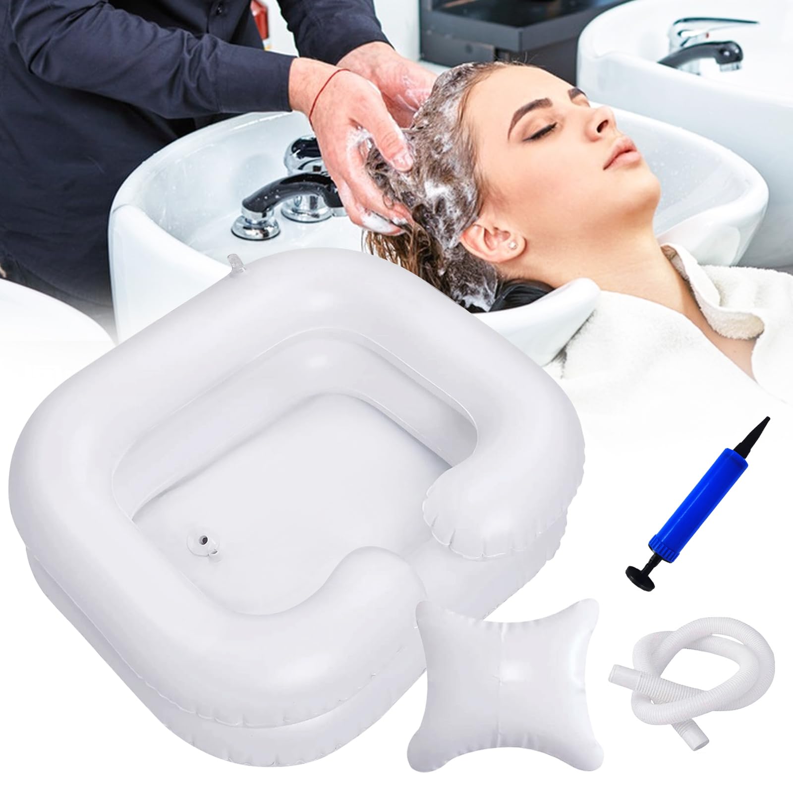 Inflatable Hair Washbasin, Inflatable Hair Basin with 1 m Drain Tube, Cushion and Air Pump, Portable Inflatable Hair Basin, Ideal for Pregnant Women, Injured and Elderly People - 1