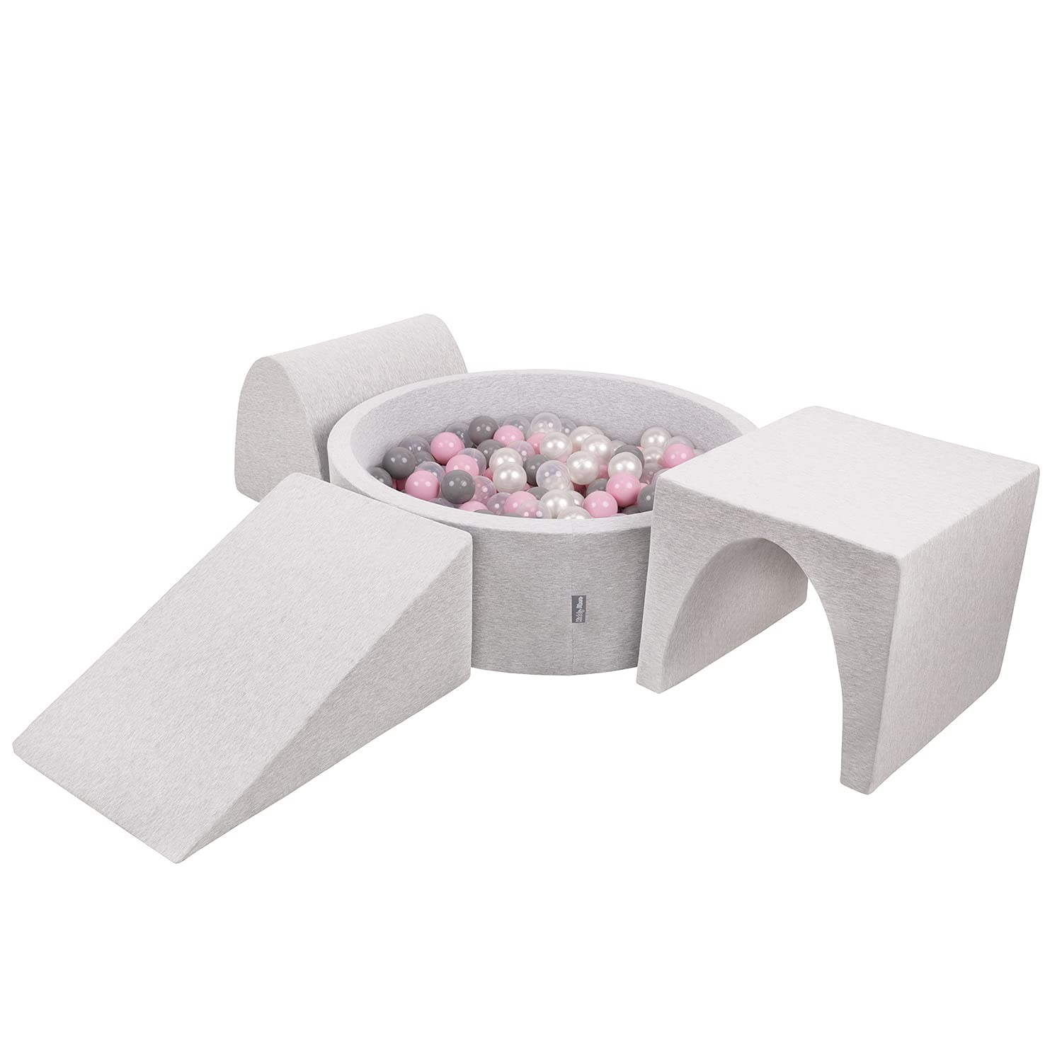 KiddyMoon Foam Playground For Kids With Round Ballpit (200 Balls) Obstacle Course, Lightgrey:Pearl/Grey/Transparent/Powderpink — image 1