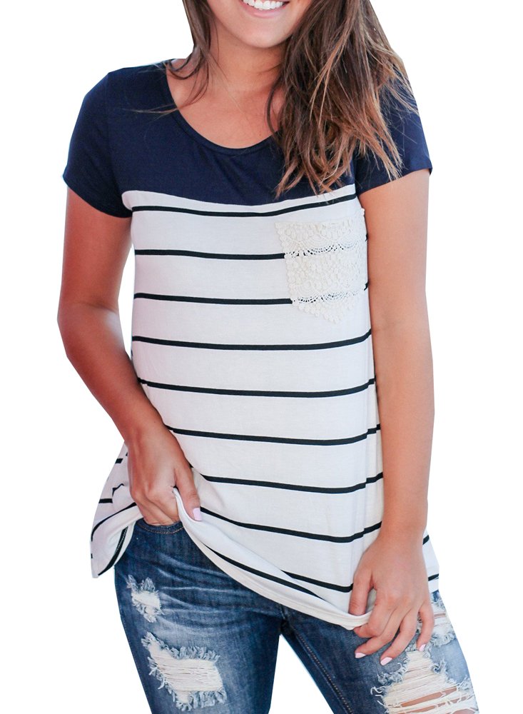 Women's Casual O-neck Striped Crochet Pocket Patchwork T-shirt Top (Medium, Navy Blue)