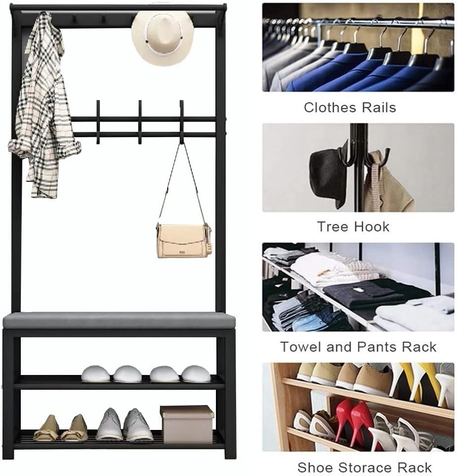 4 in 1 Entryway Hall Tree with Storage Bench,Coat Rack with Shoe Bench, Coat Stand with 2-Tier Shoe Rack and 10 Hooks for Entryway Hallway, Easy to Assemble,100X33X170CM