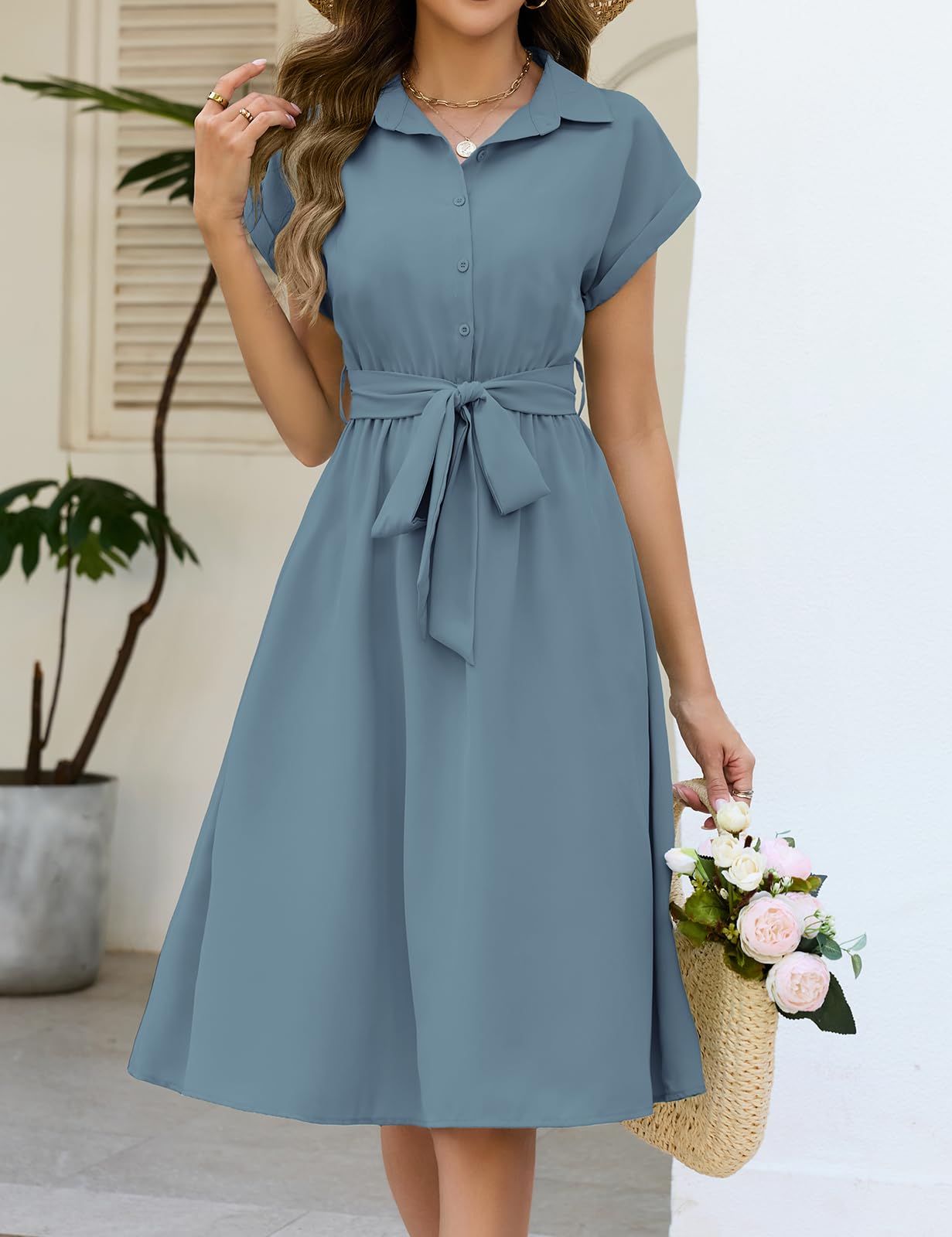 HEEKPEK Sommerkleid Damen Kleid Midikleid Sommer Elegant V-Ausschnitt Blusenkleid Casual Locker Schnürung Wickelkleid Kurzarm Freizeitkleider Knielang mit Taschen